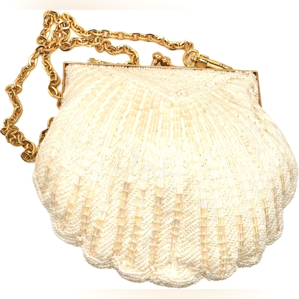 Elegant Small Evening White Beaded Bag w/Shoulder Chain, Excellent Preowned Cond - Picture 5 of 13